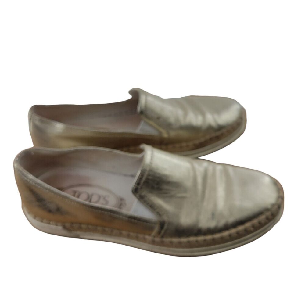 Tod's Metallic Gold Leather Slip On Loafers Rope Trim Womens Size 6 36‎ Comfort